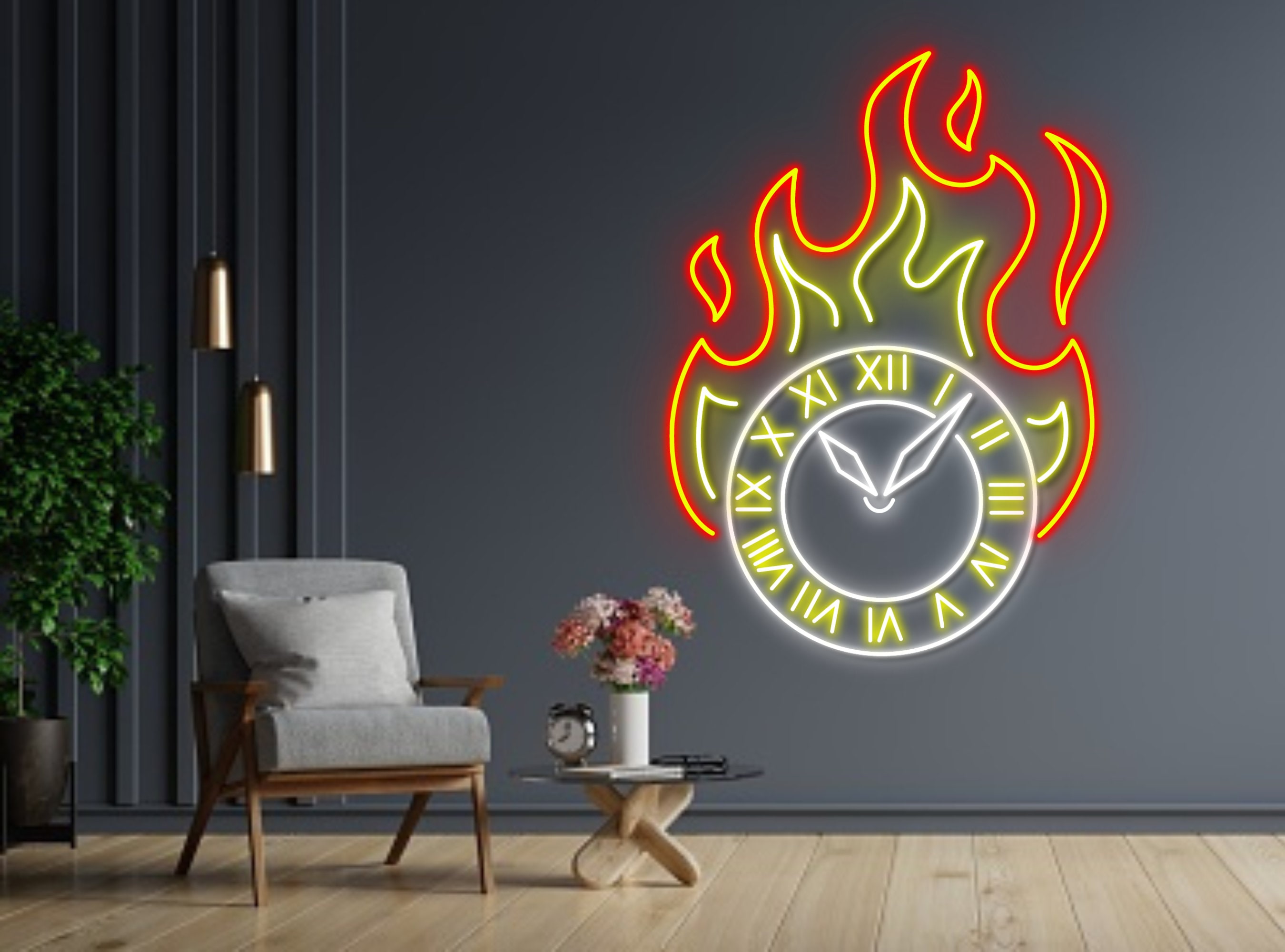 Burning Clock Neon Sign Clock Fire Art