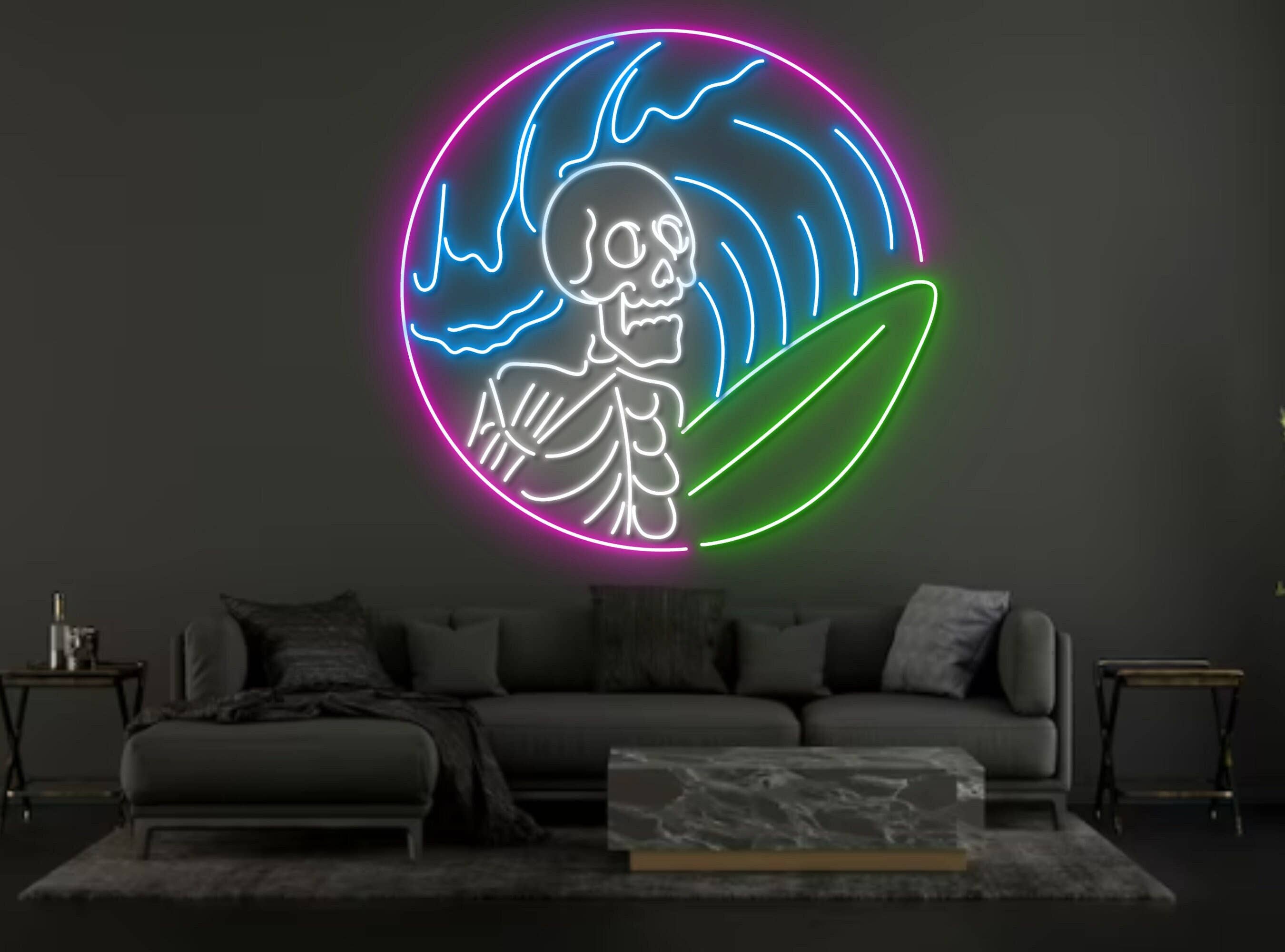 Skull Surfing Wave Neon Sign Halloween Wall Art Decor