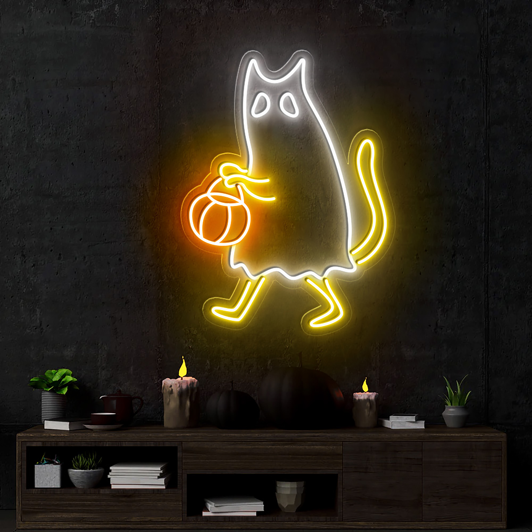 Ghost Cat Neon Sign Halloween Wall Art Decor