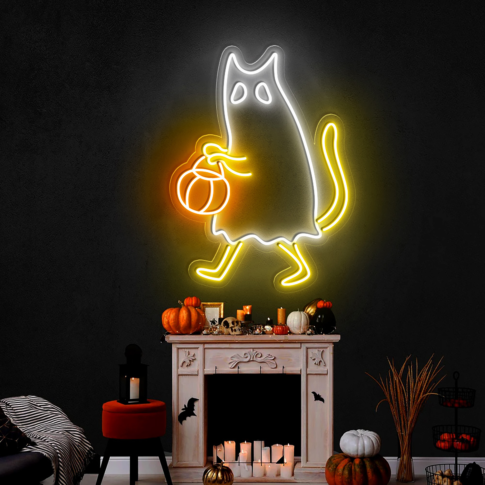 Ghost Cat Neon Sign Halloween Wall Art Decor