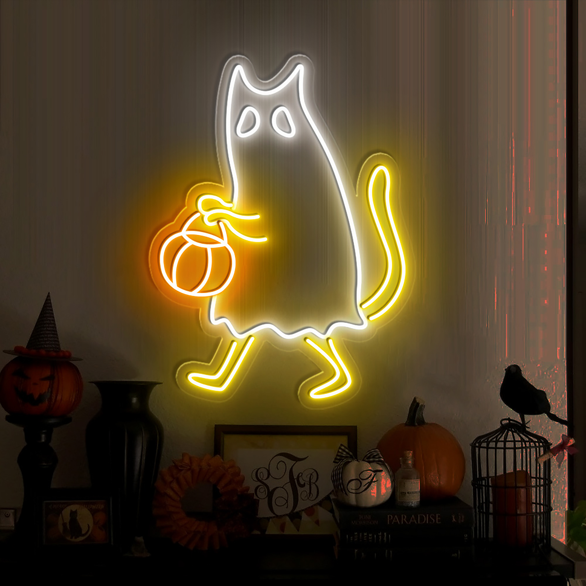 Ghost Cat Neon Sign Halloween Wall Art Decor