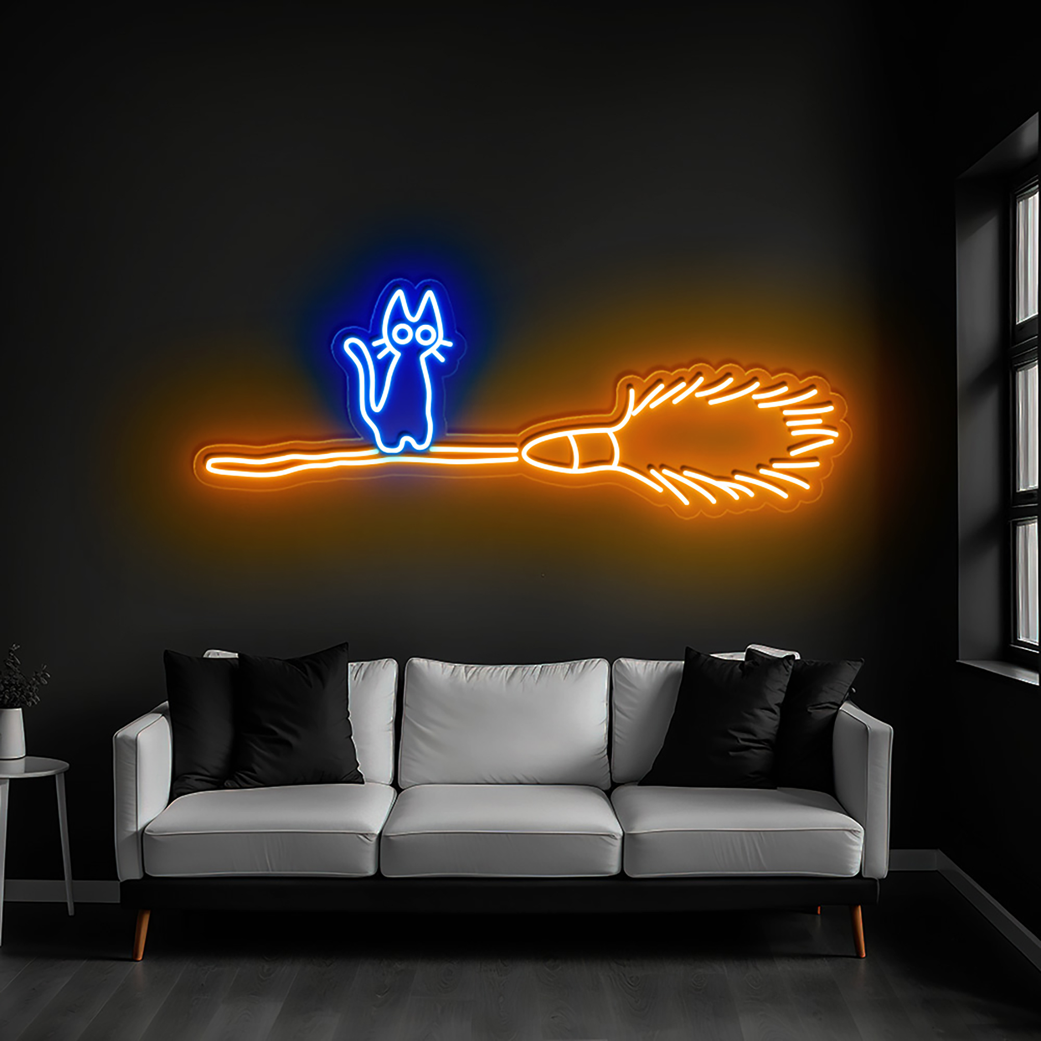 Cat Riding A Broom Neon Sign Halloween Decor