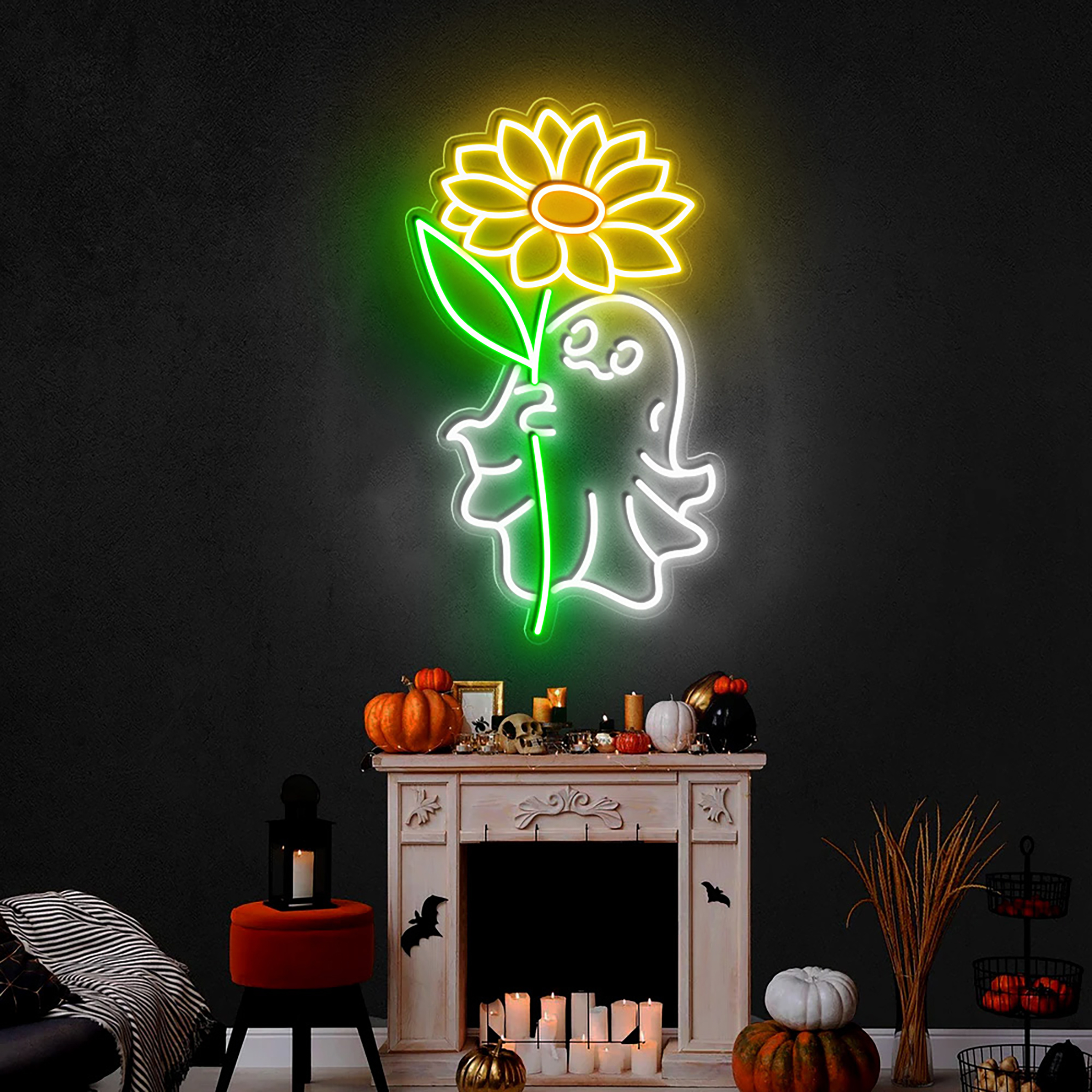 Halloween Sunflower Ghost Neon Sign Halloween Decor