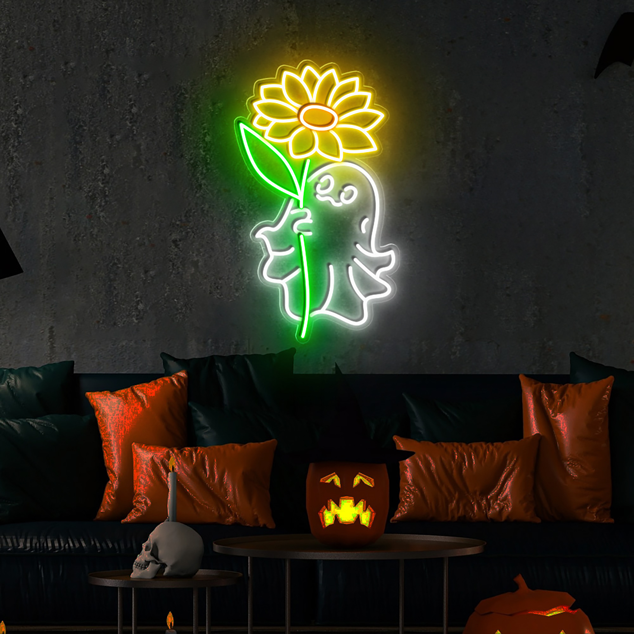 Halloween Sunflower Ghost Neon Sign Halloween Decor