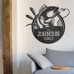 Fish Chasing Hook Personalized Metal Wall Art, Custom Metal Sign With Family Name