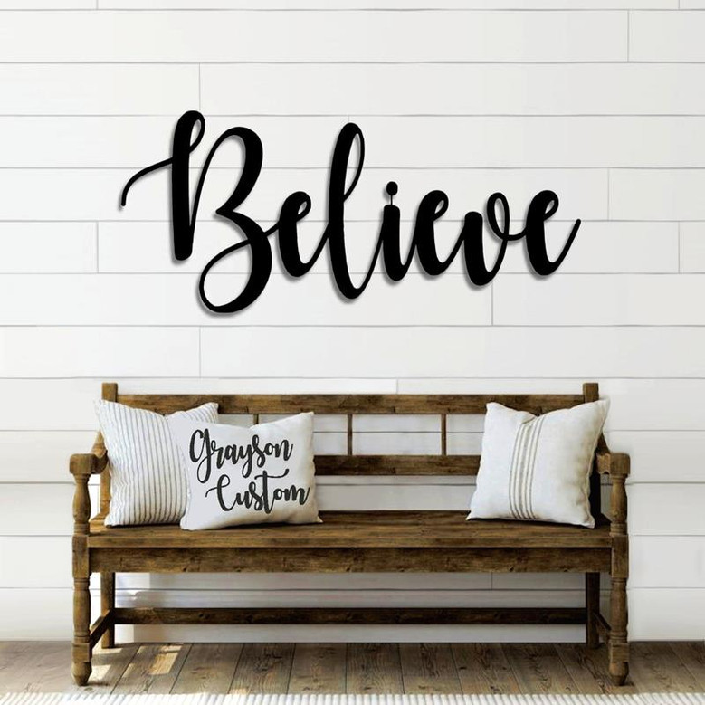 Believe Script Metal Word Sign Rustic Metal Believe Sign Farmhouse Decor Housewarming Gift Metal Wall Art Steel Word Art