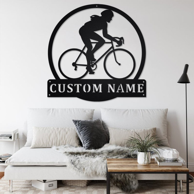 Custom Women Cycling Metal Wall Art, Personalized Cycling Name Sign Decoration For Room, Cycling Moon Metal Home Decor, Custom Cycling