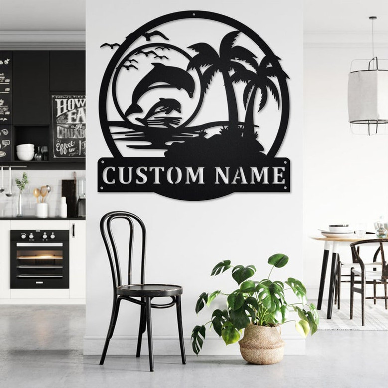 Custom Dolphin Scene Sunset Metal Wall Art, Personalized Dolphin Name Sign Decoration For Room, Dolphin Metal Home Decor, Custom Dolphin