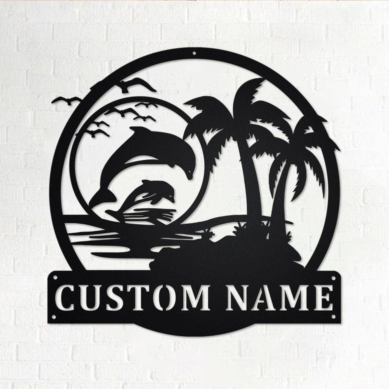 Custom Dolphin Scene Sunset Metal Wall Art, Personalized Dolphin Name Sign Decoration For Room, Dolphin Metal Home Decor, Custom Dolphin