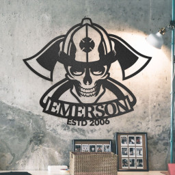 Firefighter Wall Art Of Fireman Skull In Helmet With Cross Axe, Custom Metal Sign With Name &#038; Established Date