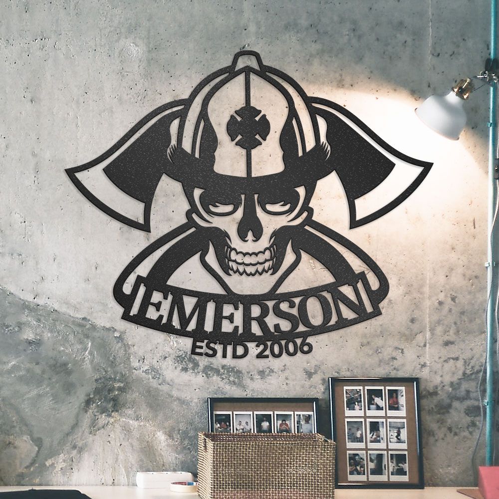 Firefighter Wall Art Of Fireman Skull In Helmet With Cross Axe, Custom Metal Sign With Name &#038; Established Date