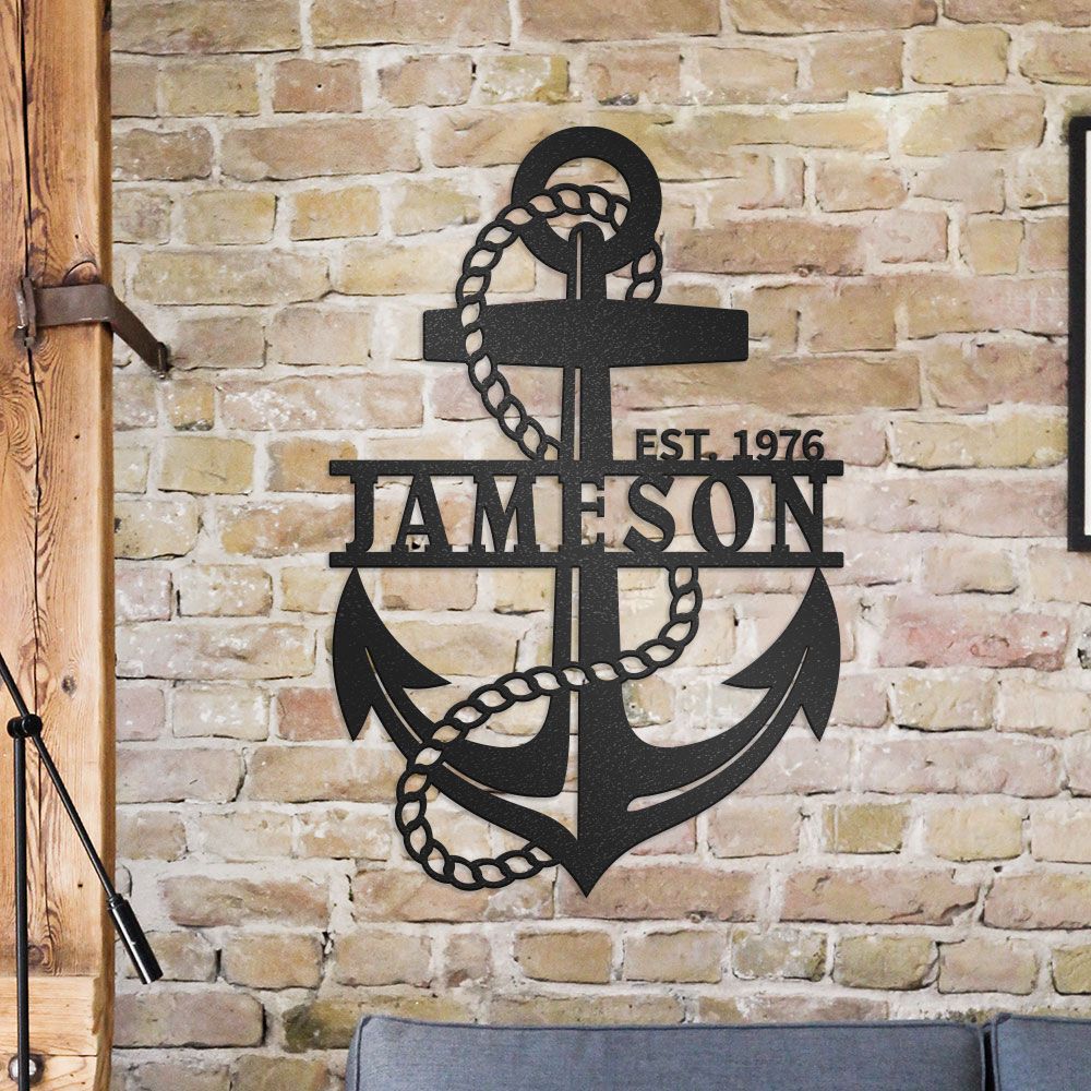 Metal Anchor Decor With Rope, Custom Name And Established Date, Personalized Nautical Metal Sign