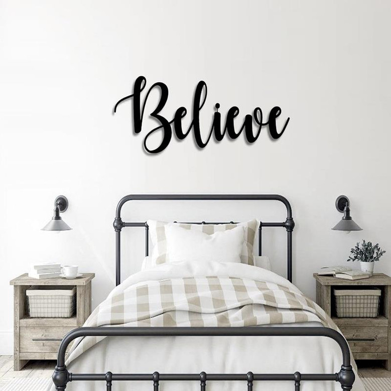 Believe Script Metal Word Sign Rustic Metal Believe Sign Farmhouse Decor Housewarming Gift Metal Wall Art Steel Word Art