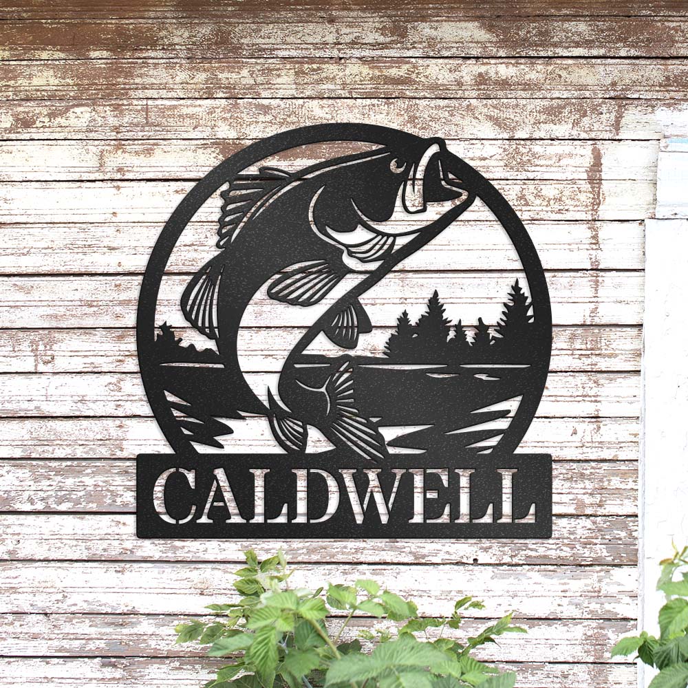 Fish Jumping Out of Water, Bass Metal Sign Personalized With Custom Name