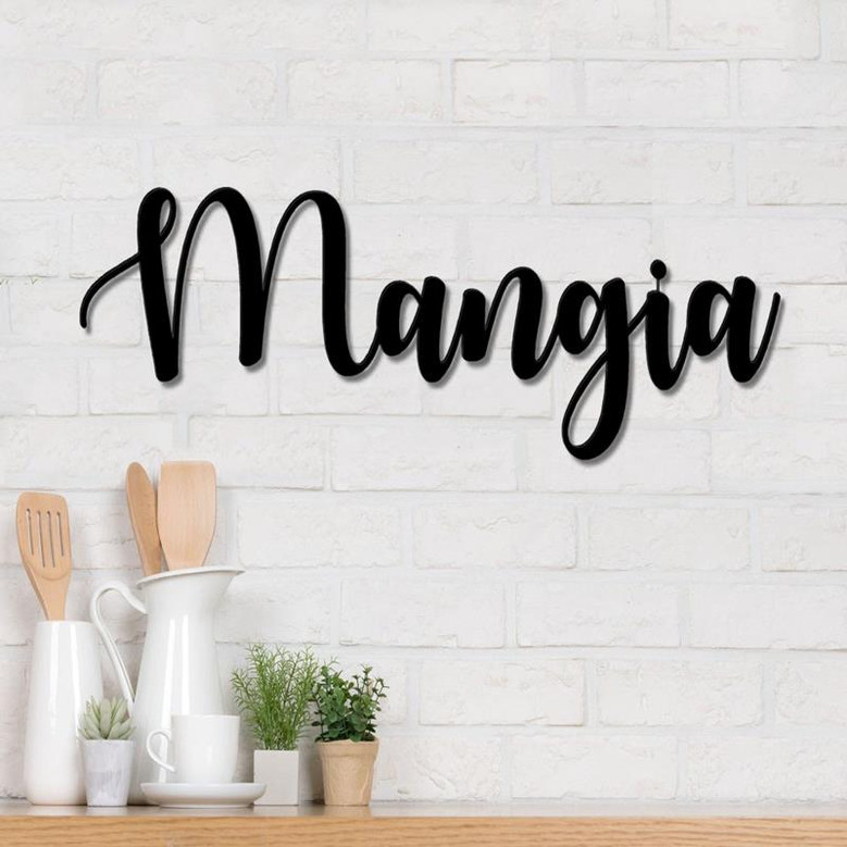Mangia Script Metal Word Sign Rustic Metal Mangia Sign Farmhouse Decor Housewarming Gift Metal Wall Art Word Art