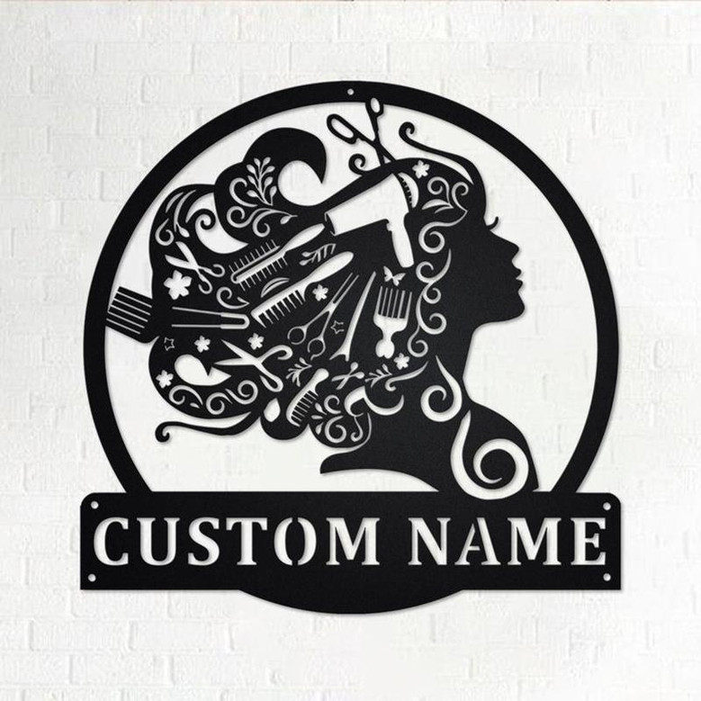 Custom Beauty Salon Girl Hair Metal Wall Art, Personalized Hair Salon Name Sign Decoration For Shop, Hair Salon Shop Decor