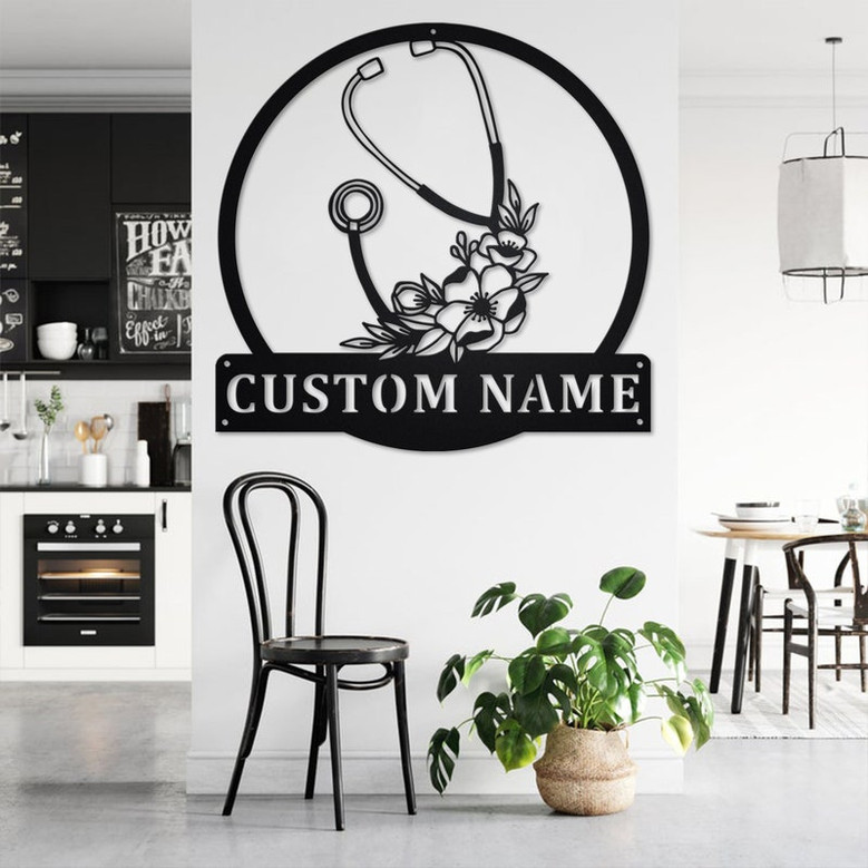 Custom Stethoscope Floral Metal Wall Art, Personalized Stethoscope Name Sign Decoration For Room, Stethoscope Home Decor, Custom Stethoscope