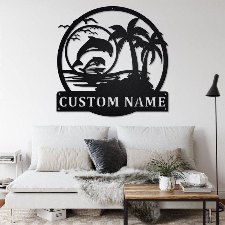 Custom Dolphin Scene Sunset Metal Wall Art, Personalized Dolphin Name Sign Decoration For Room, Dolphin Metal Home Decor, Custom Dolphin