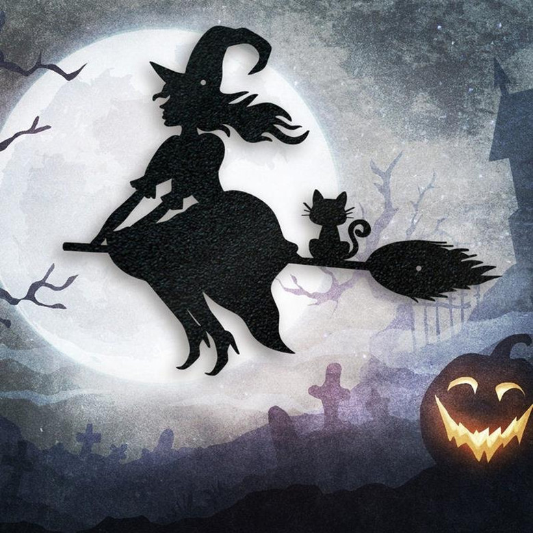 Halloween Flying Witch Metal Sign, Haunted House Sign, Scary Sign, Spooky Sign