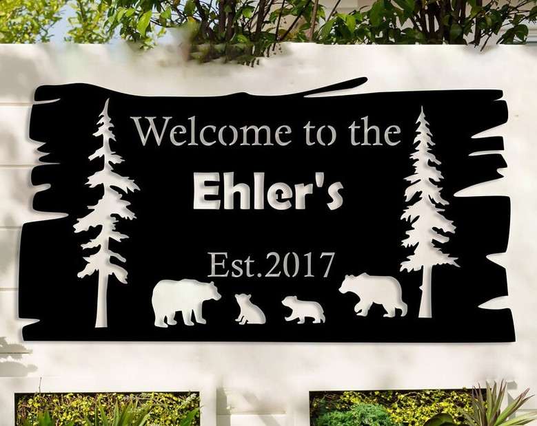 Custom Metal Bear Wall Sign, Personalized Cabin Sign, Bear Family In Woods Cabin Sign