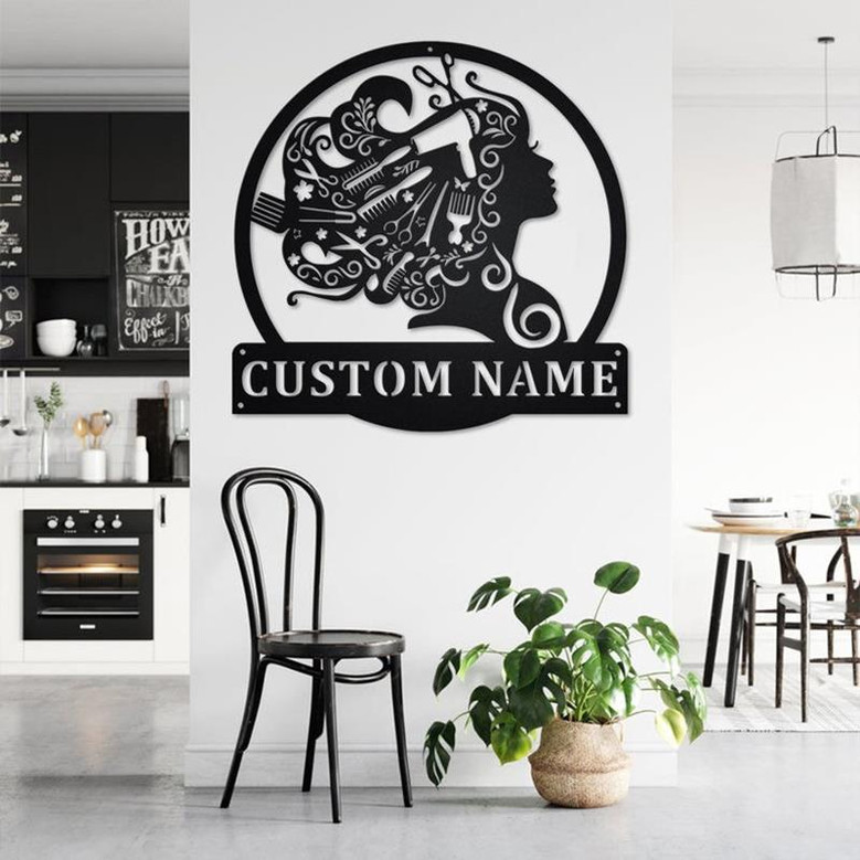 Custom Beauty Salon Girl Hair Metal Wall Art, Personalized Hair Salon Name Sign Decoration For Shop, Hair Salon Shop Decor