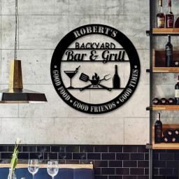 Personalized Backyard Bar & Grill Metal Wall, Custom Kitchen Metal Sign, BBQ Outside Wall Decor, Patio Porch Sign