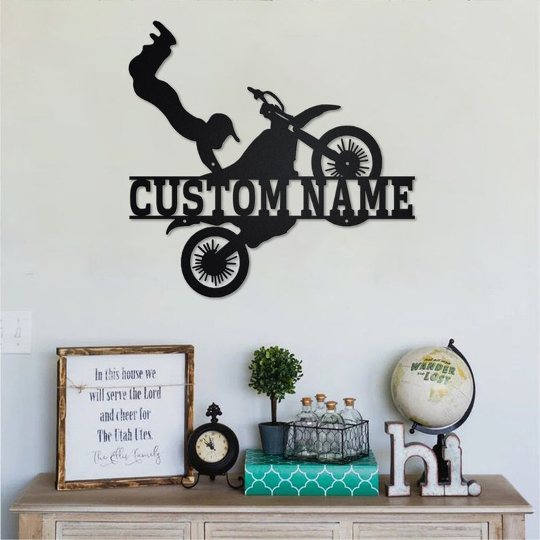 Custom Biker Metal Wall Art, Personalized Dirt Bike Name Sign Decoration For Room, Motorcycle Home Decor Motocross Rider, Custom Dirt Bike