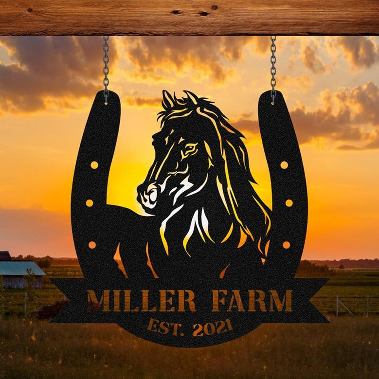 Personalized Metal Farm Sign Horse Hoof Shoes Monogram Custom Outdoor Farmhouse Ranch Barn Stable Wall Decor Art Gift