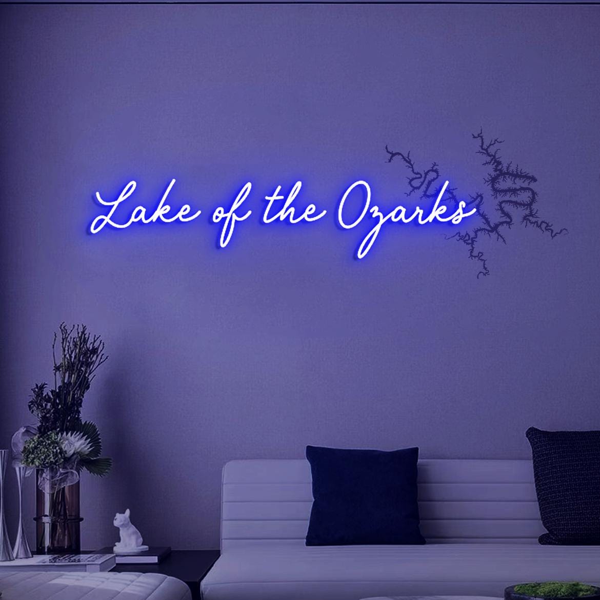 Lake of Ozarks Neon Sign, Lake Map: Lake of the Ozarks in Missouri UV Printed Lake House Wall Decorations