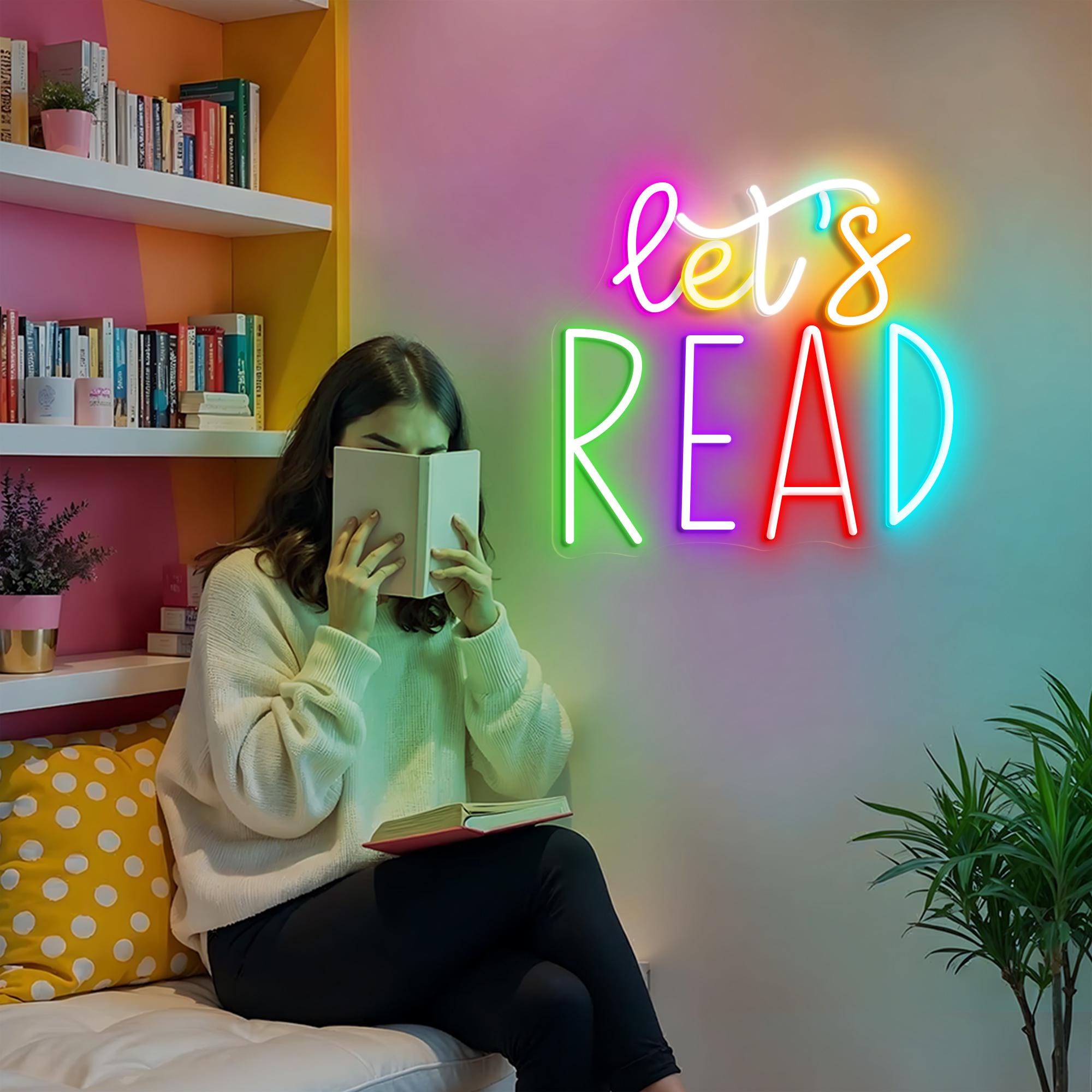 Let's Read Neon Sign Classroom Educational Neon Sign Decor Classroom Decor Pastel Rainbow Neon Book Nook Library Neon Decor Bookshelf Decor