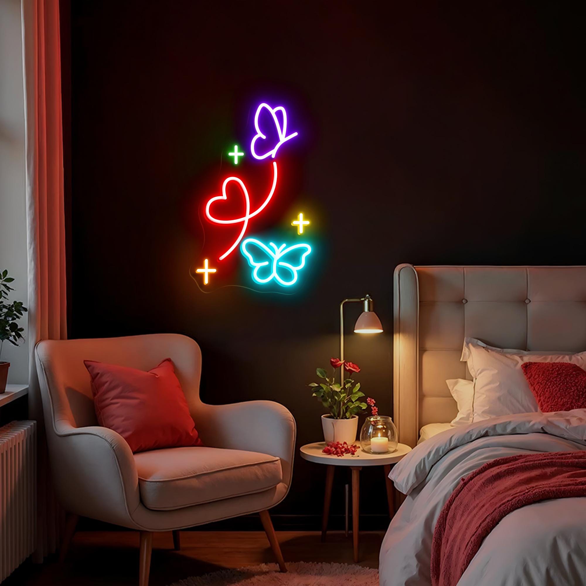 Butterfly Heart Neon Sign Aesthetic LED Light for Girls Room Cute Wall Art Bedroom Decor Colorful Neon Sign Gift for Teens Wedding Party