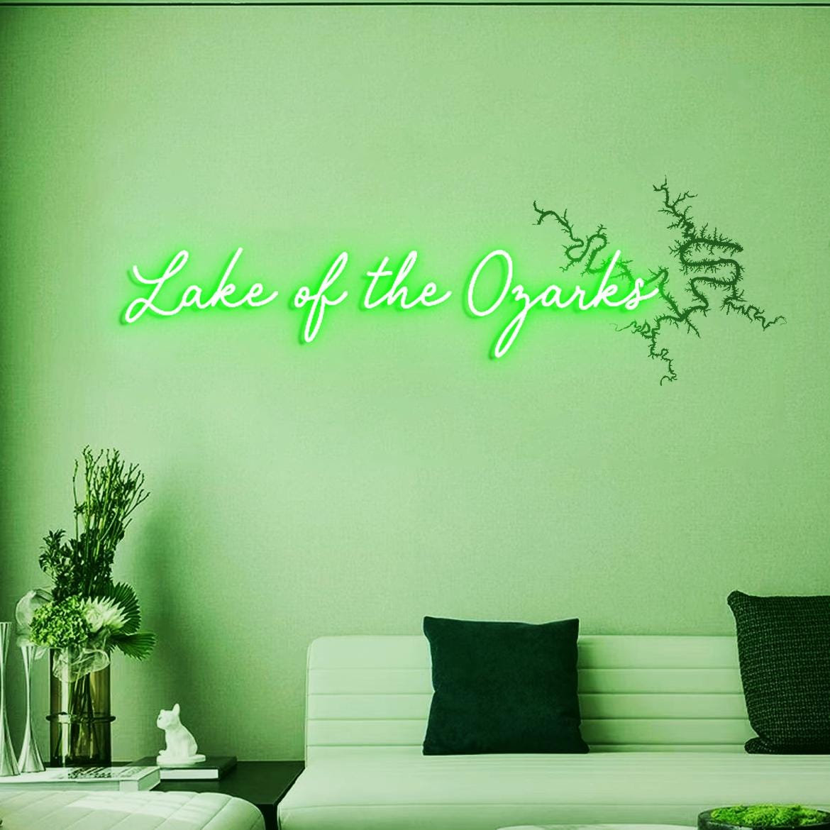 Lake of Ozarks Neon Sign, Lake Map: Lake of the Ozarks in Missouri UV Printed Lake House Wall Decorations
