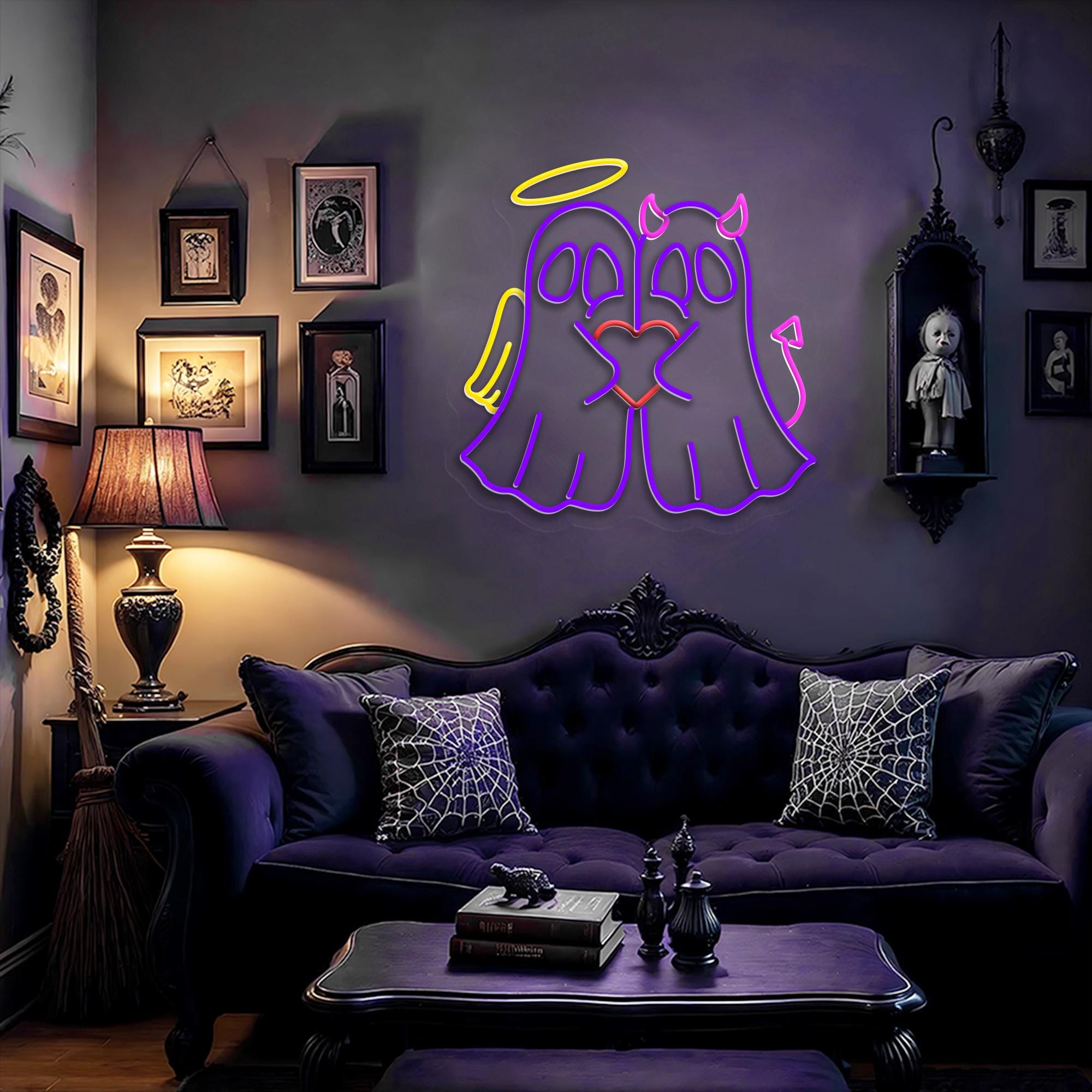 Angel Devil Ghost Neon Sign Halloween Aesthetic LED Light Cute Wall Art Couple Decor Spooky Room Decor Gift for Lovers Gothic Bedroom Decor