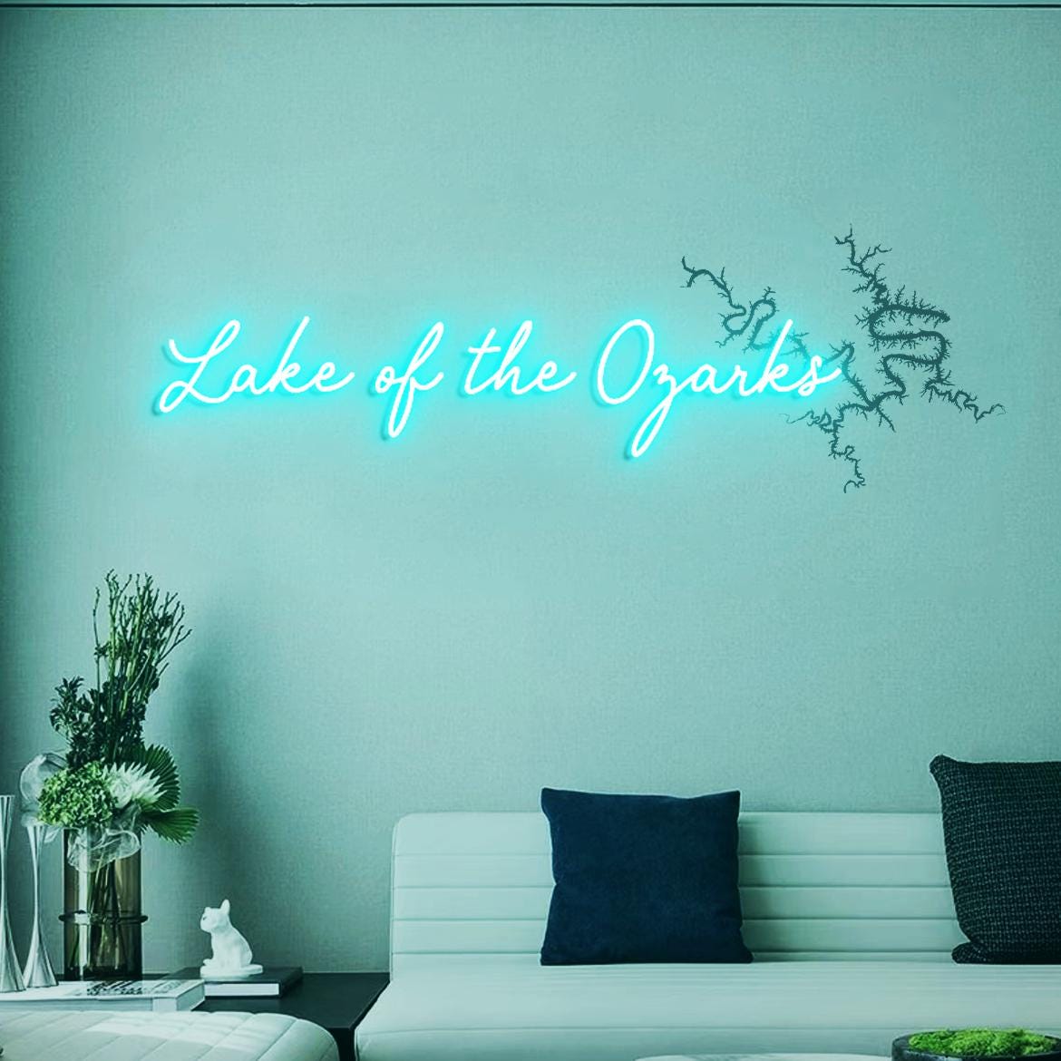 Lake of Ozarks Neon Sign, Lake Map: Lake of the Ozarks in Missouri UV Printed Lake House Wall Decorations