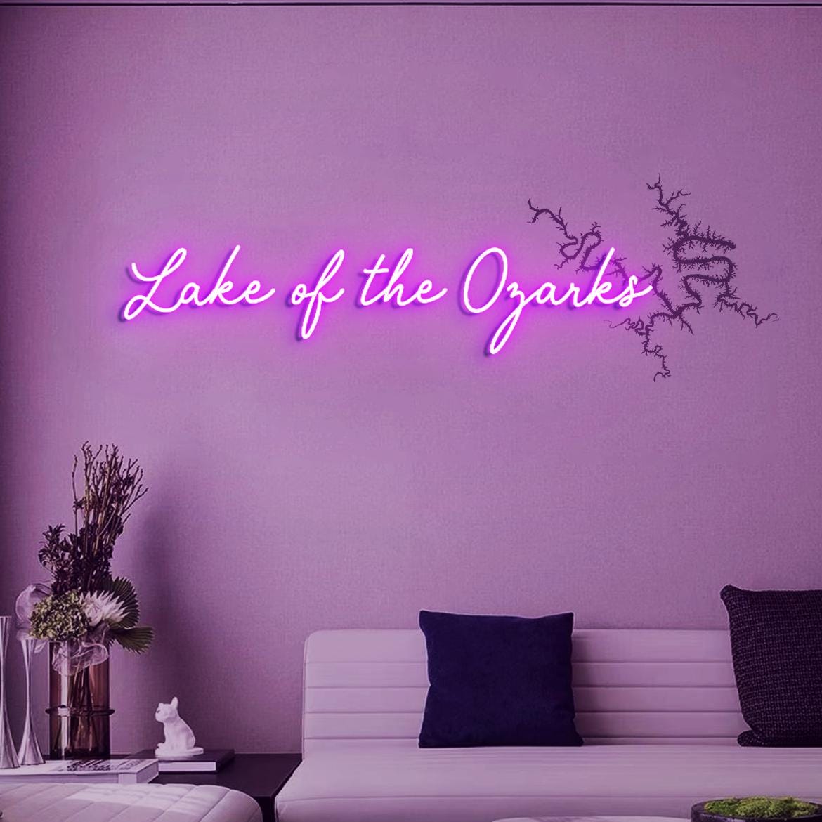 Lake of Ozarks Neon Sign, Lake Map: Lake of the Ozarks in Missouri UV Printed Lake House Wall Decorations