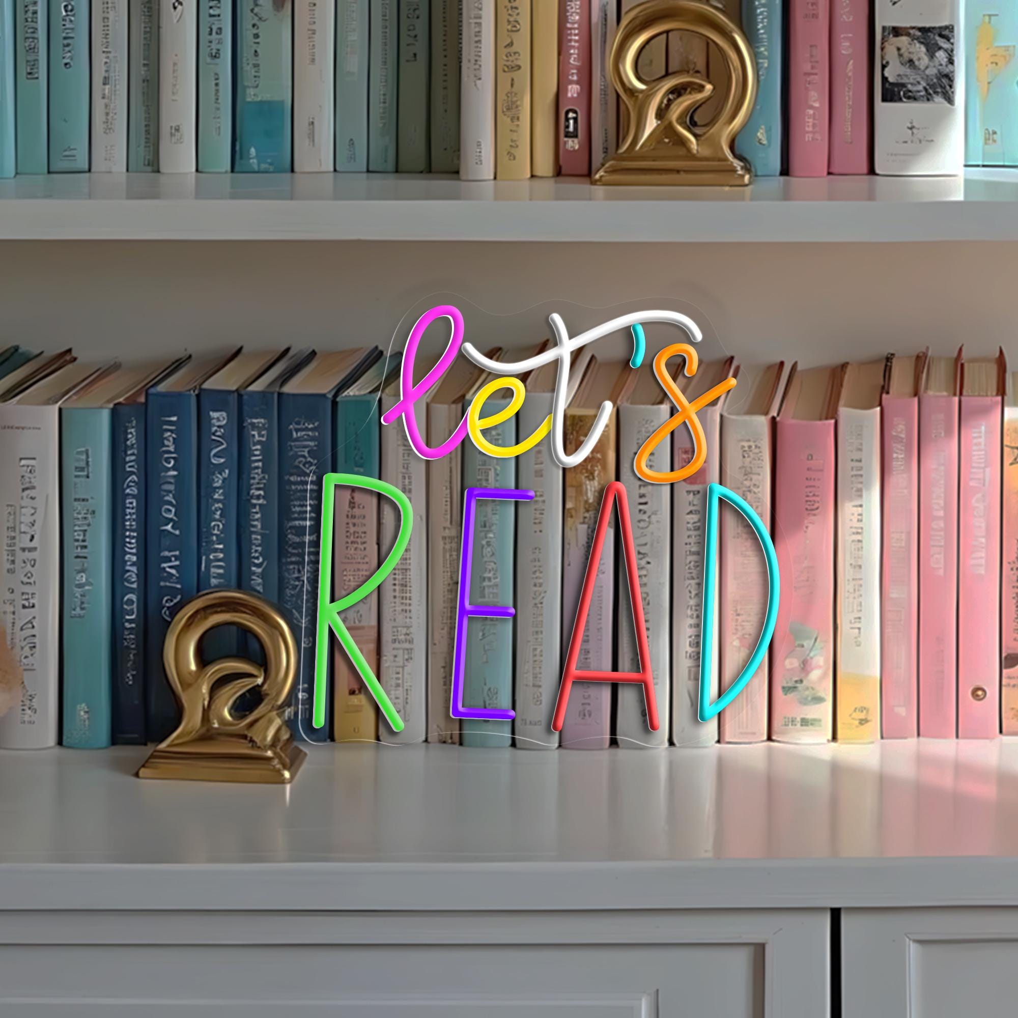 Let's Read Neon Sign Classroom Educational Neon Sign Decor Classroom Decor Pastel Rainbow Neon Book Nook Library Neon Decor Bookshelf Decor