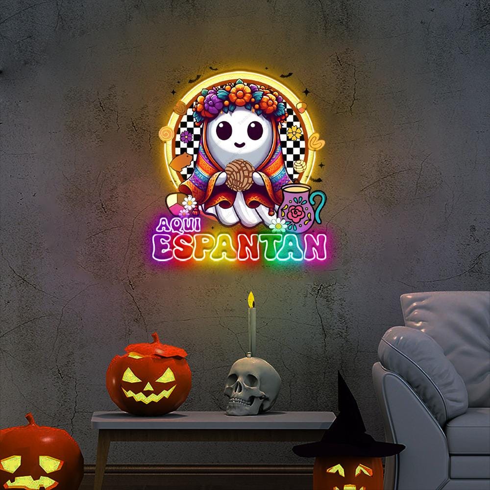 Aqui Espantan Neon, Mexico Conchas Neon, Spooky Conchas Neon, Concha Ghost, Dia De Muertos Neon, Mexico Halloween Neon, Hispanic Halloween.