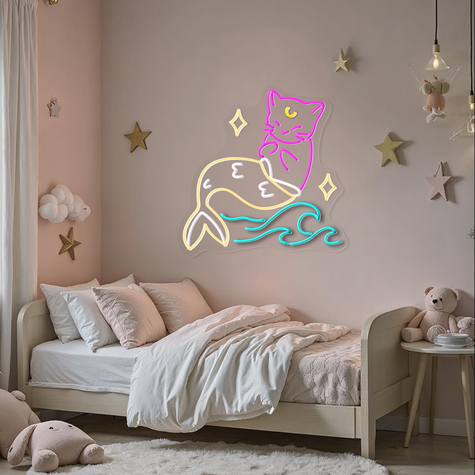 Mermaid Meow Neon Sign Cat Neon Light Kawaii Aesthetic Light Cute Fantasy Wall Decor Whimsical Ocean Themed Gift Cozy Lamp for Cat Lovers