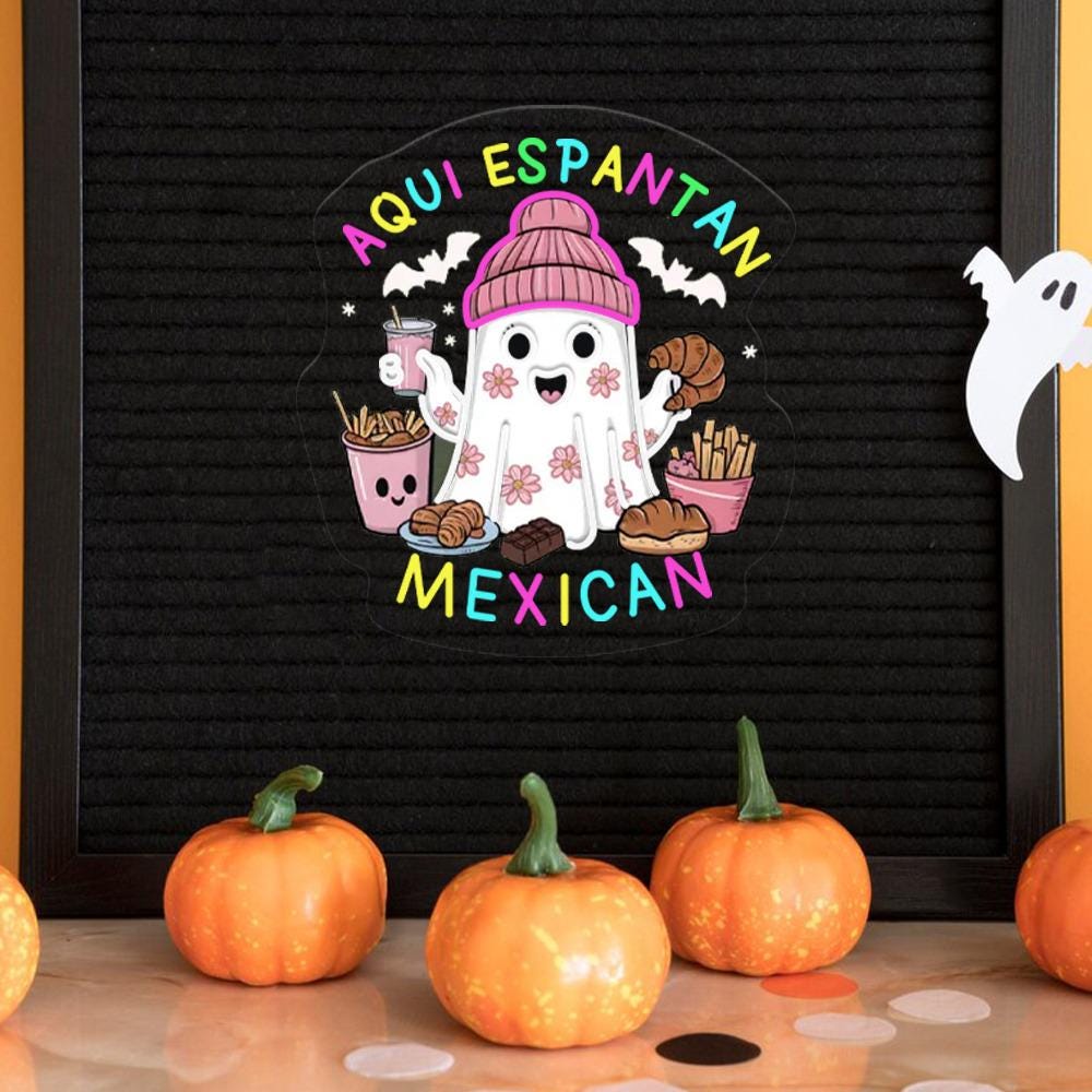 Funny Mexican Ghost Neon, Aqui Espantan Ghost Neon for Halloween, Spooky Mexican Ghost Neon, Cute Spanish Halloween Neon,Mexican Boo Neon.