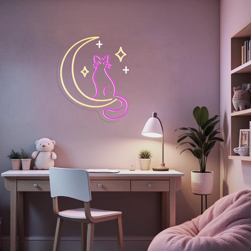 Cat Moon Neon Sign - Crescent Moon & Cat LED Wall Light - Cute Aesthetic Neon Sign for Bedroom, Living Room, Gift for Cat Lovers, Home Decor