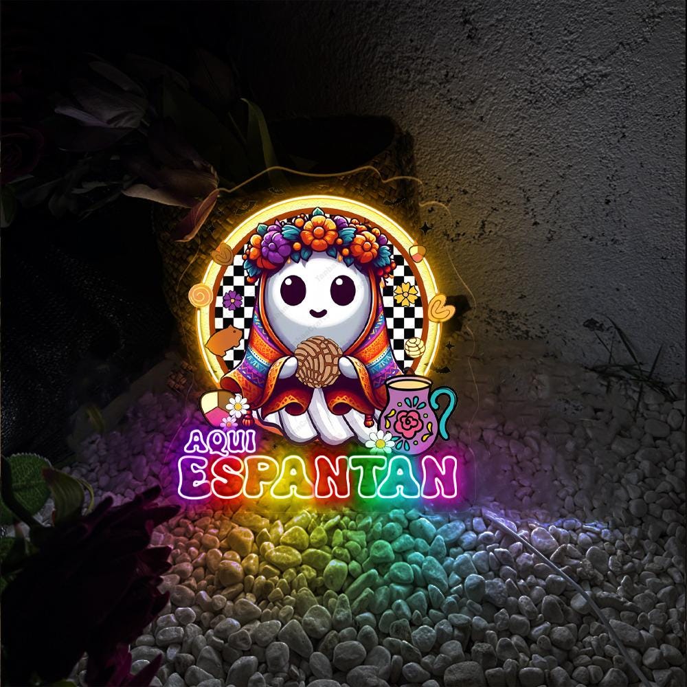 Aqui Espantan Neon, Mexico Conchas Neon, Spooky Conchas Neon, Concha Ghost, Dia De Muertos Neon, Mexico Halloween Neon, Hispanic Halloween.
