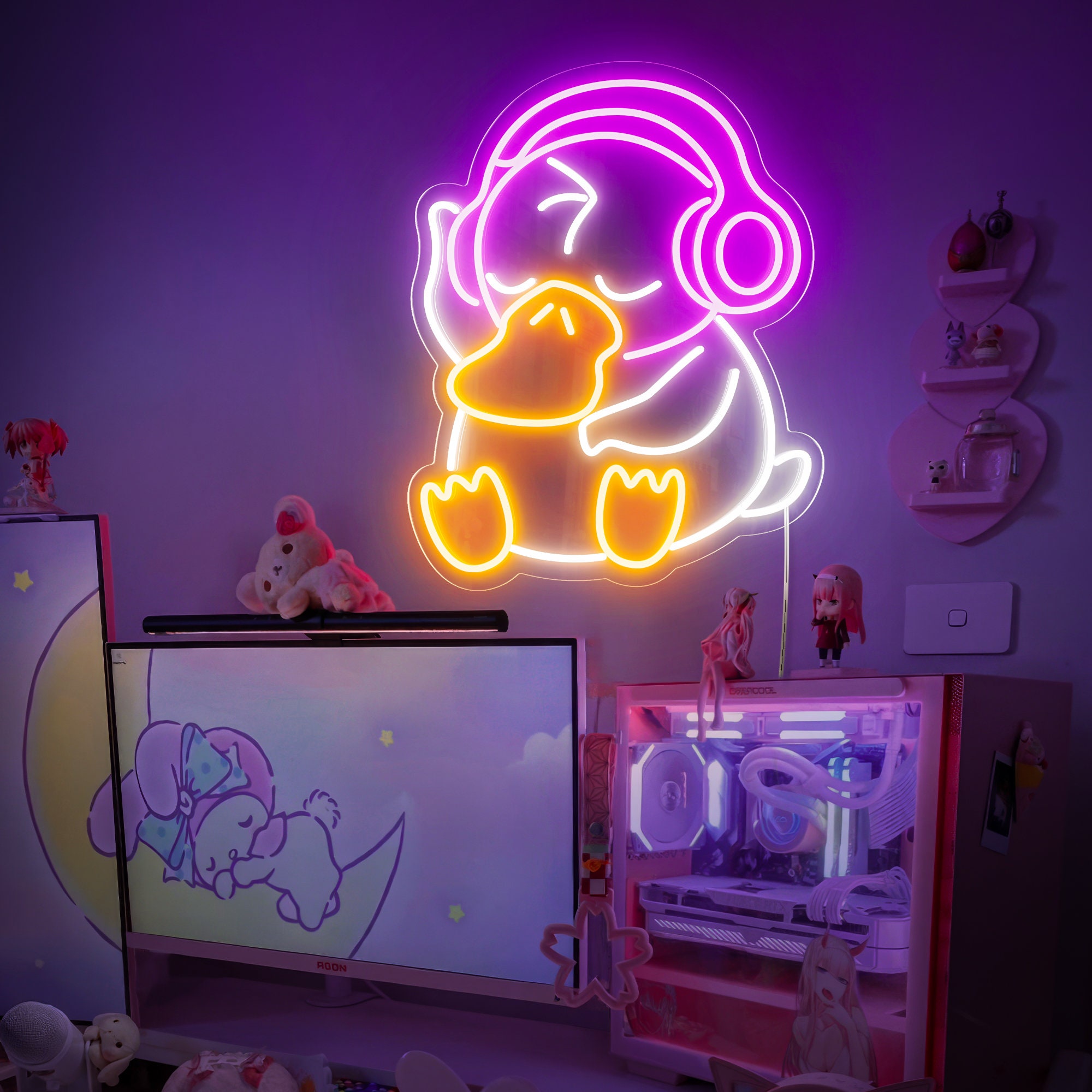 Cute Cartoon Duck With Headphones LED Neon Sign, Game Room Neon Sign, Personalized Gifts, Anime duck neon Sign, Anime Neon Sign