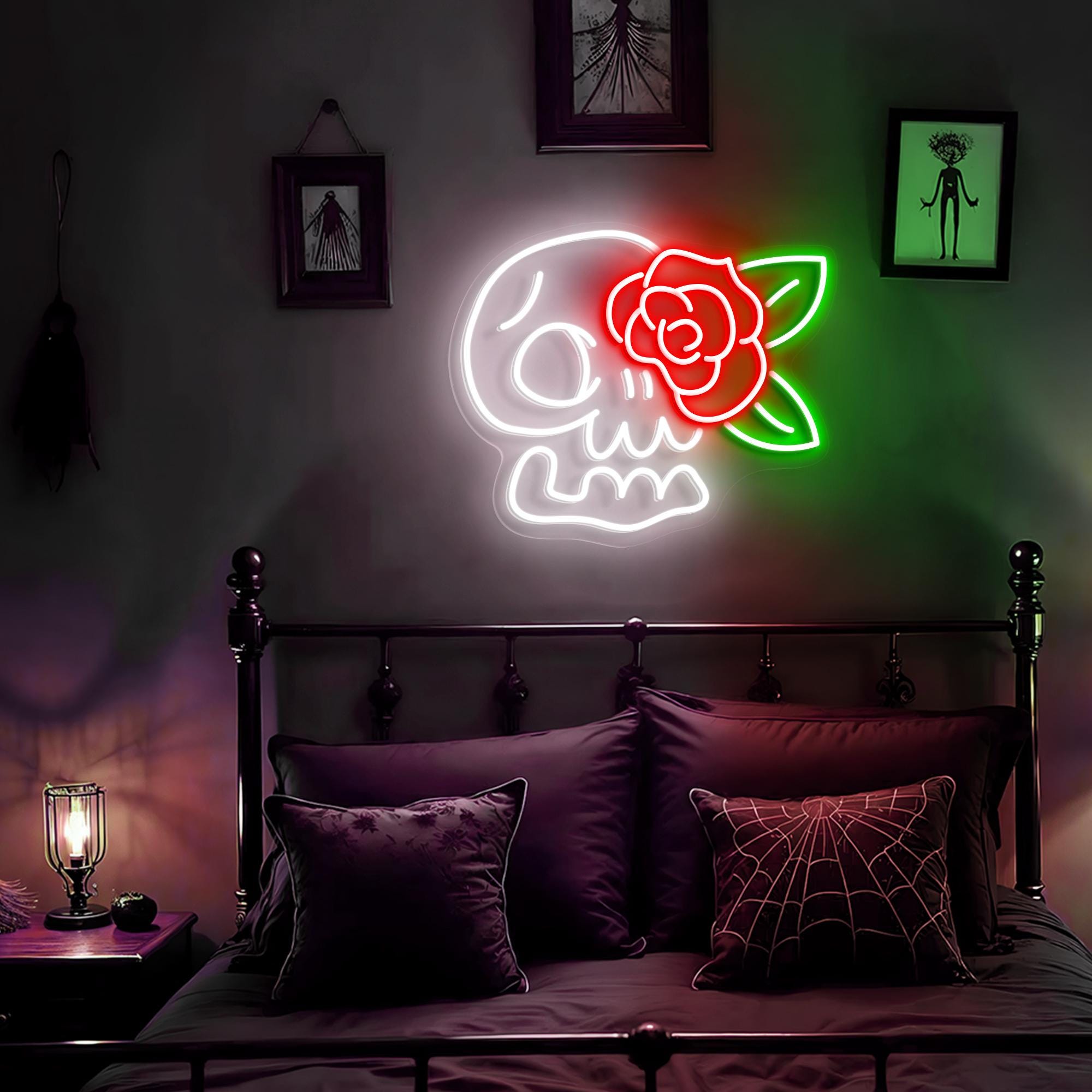 Skull Rose Neon Sign Custom Spooky Neon Light Skeleton Themed Decor, Gothic gift for Gothic Lovers, Halloween Decor Valentine Wall Art