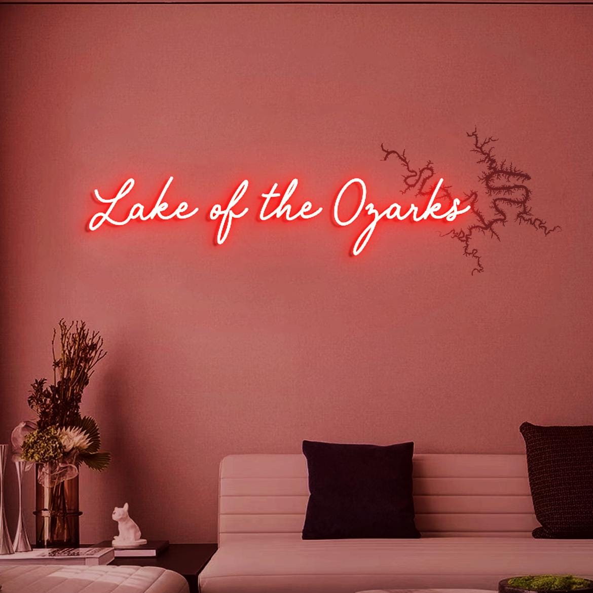 Lake of Ozarks Neon Sign, Lake Map: Lake of the Ozarks in Missouri UV Printed Lake House Wall Decorations