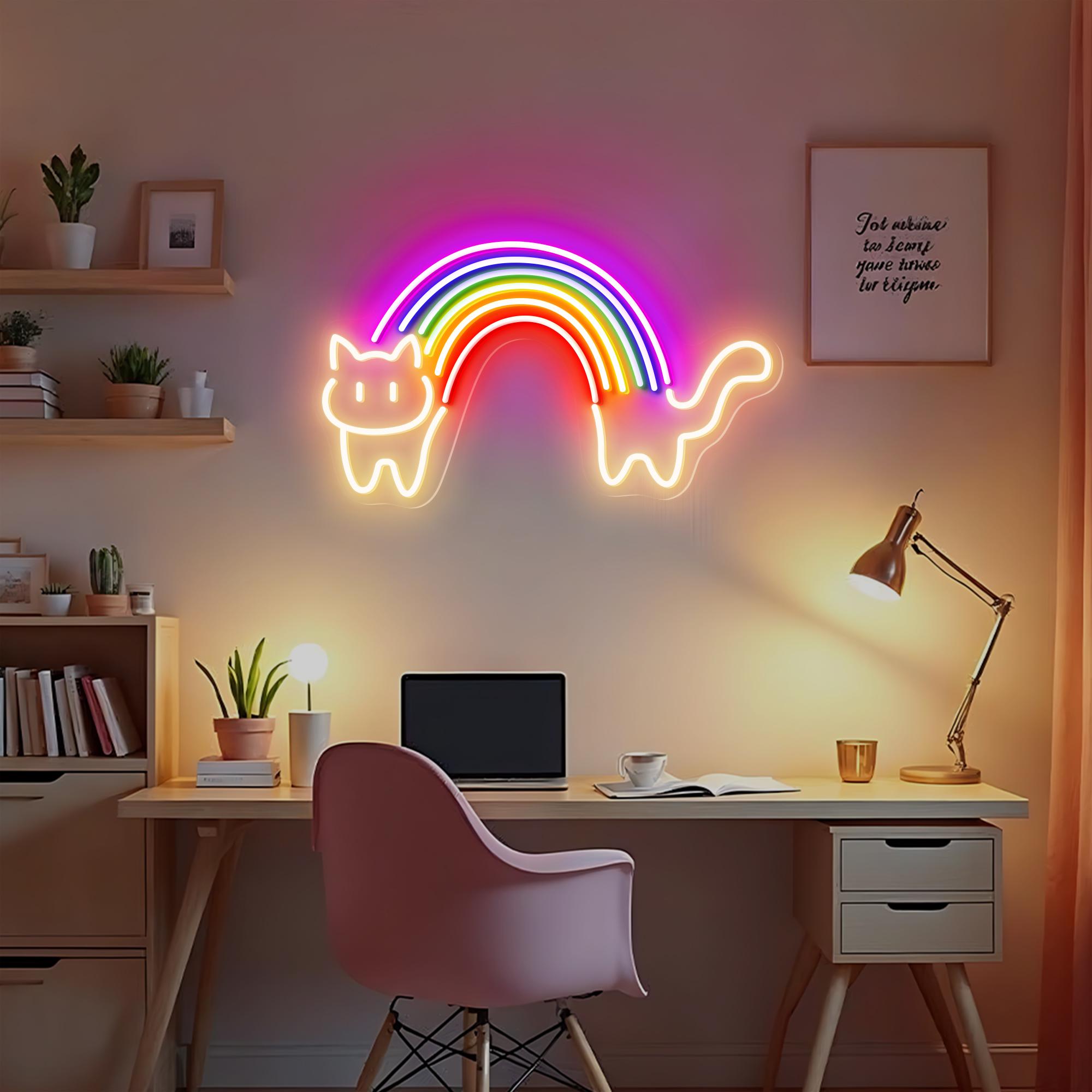Rainbow Cat Neon Sign Rainbow Neon Light Cute Kawaii Light for Bedroom, Game Room, Kids Room, Aesthetic Wall Decor, Colorful Cat Lover Gift