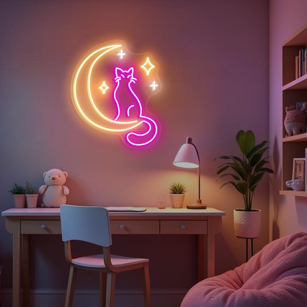 Cat Moon Neon Sign - Crescent Moon & Cat LED Wall Light - Cute Aesthetic Neon Sign for Bedroom, Living Room, Gift for Cat Lovers, Home Decor