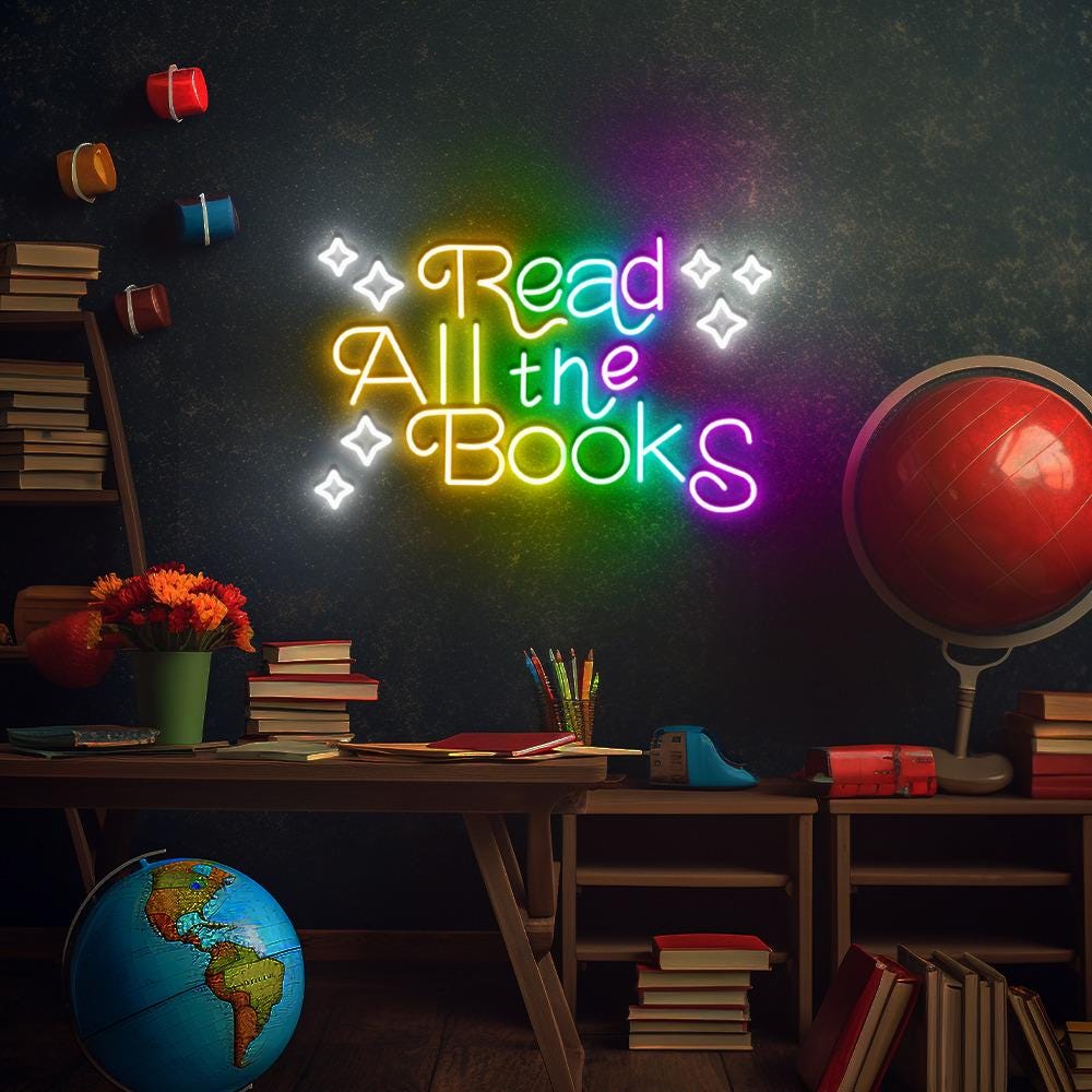 Read All The Books Neon Sign Decor, Classroom Educational Neon Sign Decor, Classroom Decor Pastel Rainbow Neon, Book Nook Library Neon Decor