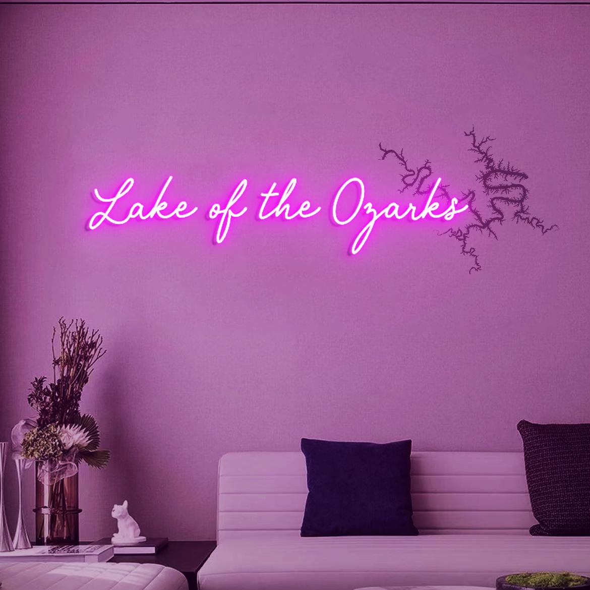 Lake of Ozarks Neon Sign, Lake Map: Lake of the Ozarks in Missouri UV Printed Lake House Wall Decorations