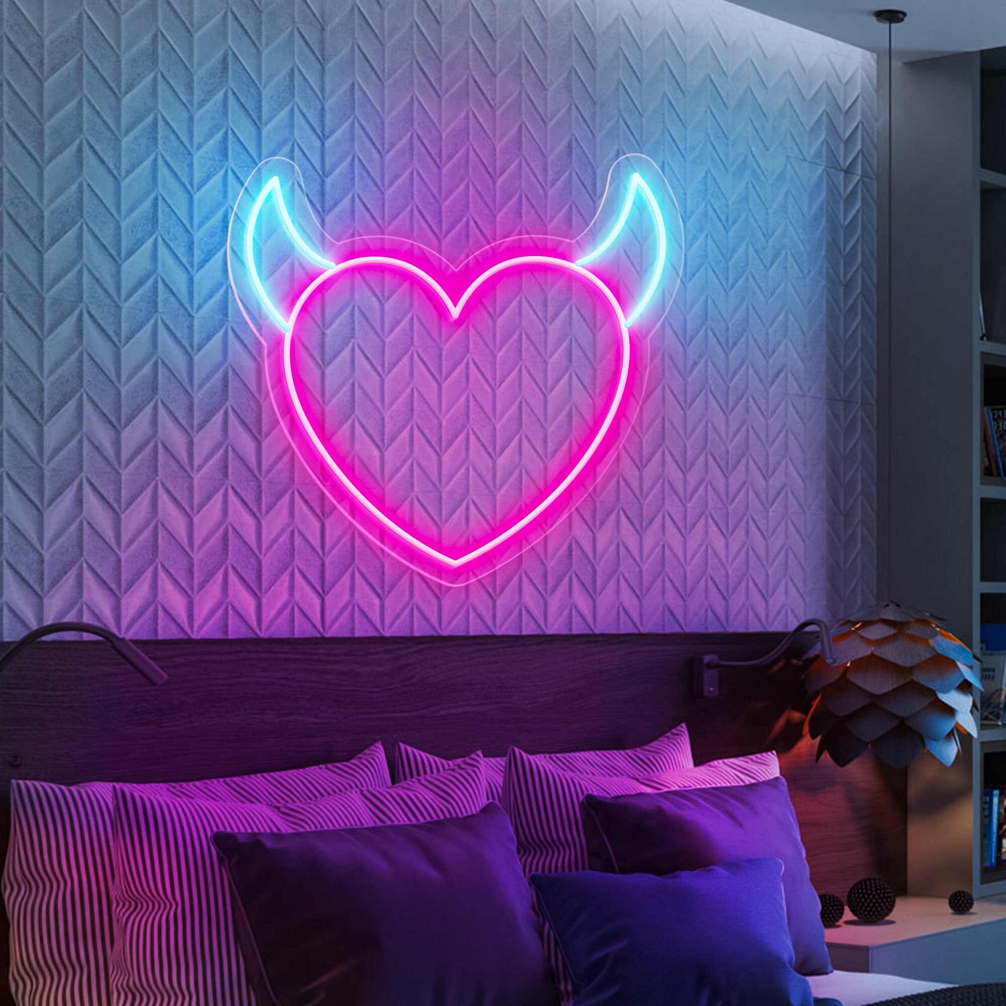 Heart With Horns Neon Sign, Devil Heart, Devil Horns Heart Sign Light Decor, Neon Sign Wall Decor, Neon Sign Bedroom, Heart Neon Light