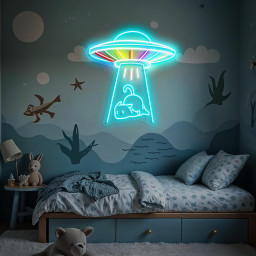 UFO Cat Neon Sign Alien Abduction LED Light, Cute Space Decor, Kawaii Cat Lover Gift, Game Room Wall Art, Bedroom Aesthetic Neon Light